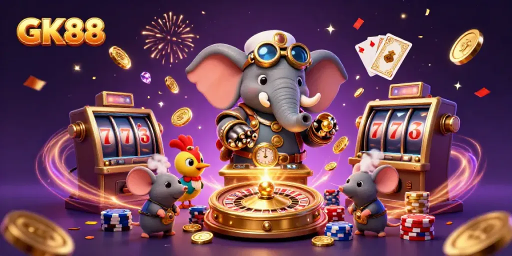 Experience the thrill of GK88 with a vibrant steampunk casino scene featuring a slot machine and cascading coins.