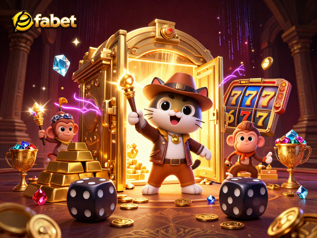 Spin the reels with fabet, featuring a cartoon cat archaeologist and treasures in an ancient casino