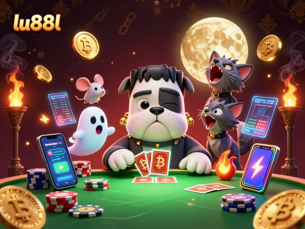 lu88l showcases a vibrant cartoon scene with a bulldog monster dealing cards at a casino table