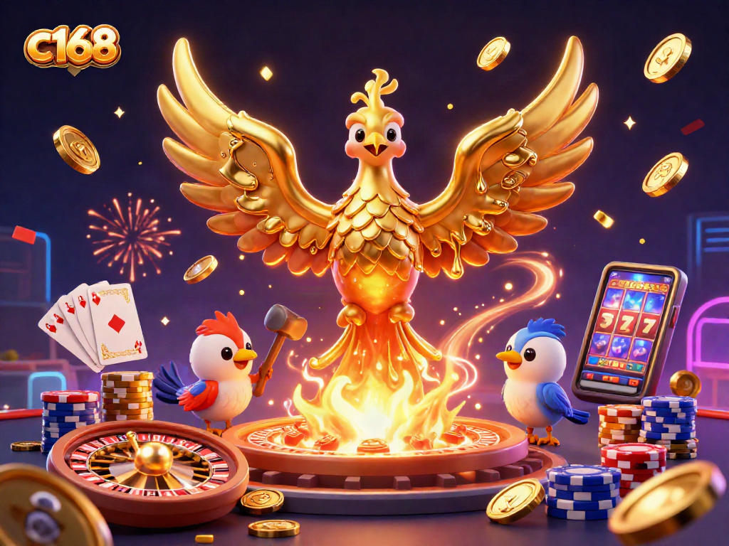 c168 showcases a captivating 3D phoenix rising from a forge, surrounded by casino excitement.
