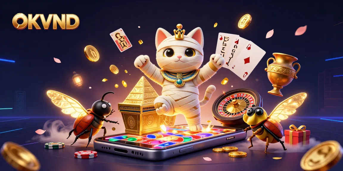 Experience the excitement of OKVND with a vibrant casino scene featuring a mummy cat and golden treasures.