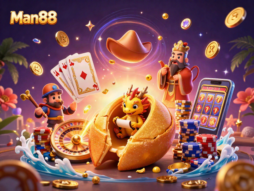 Engage with Man88's vibrant casino scene filled with golden treasures and exciting game symbols.