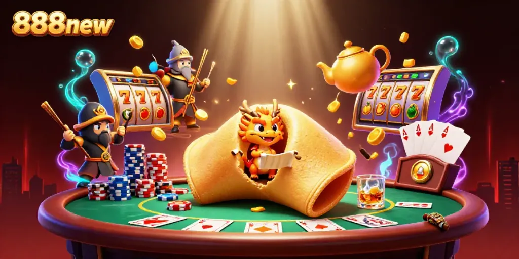 Experience the thrilling slot adventures at 888new with a vibrant illustration of a giant fortune cookie and dynamic casino elements.