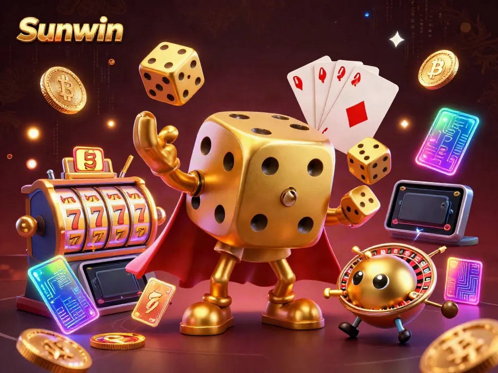 Sunwin offers a vibrant gaming experience with a golden dice golem surrounded by exciting slot elements.