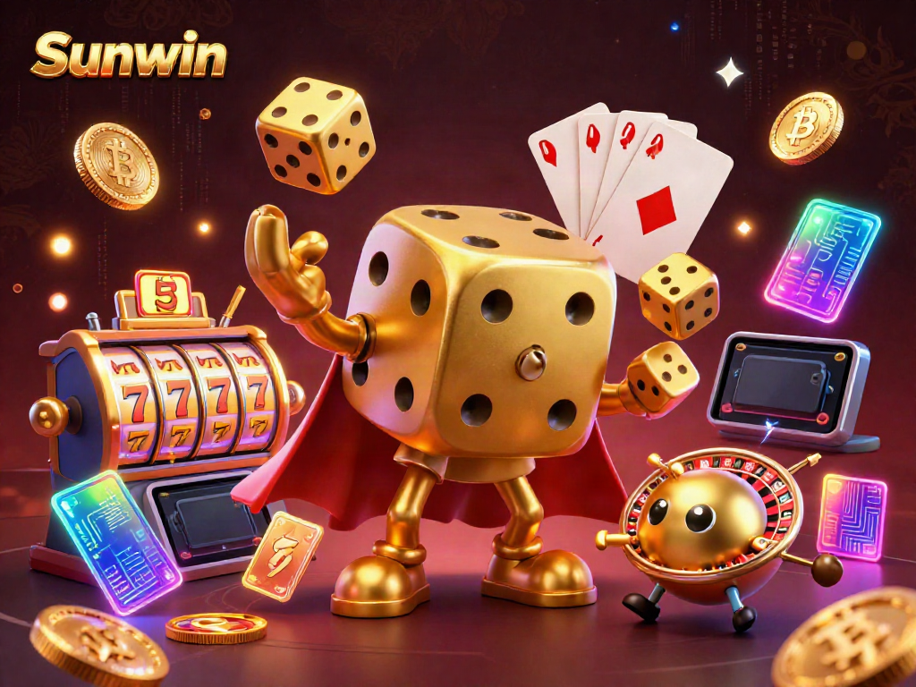 Sunwin offers a vibrant gaming experience with a golden dice golem surrounded by exciting slot elements.