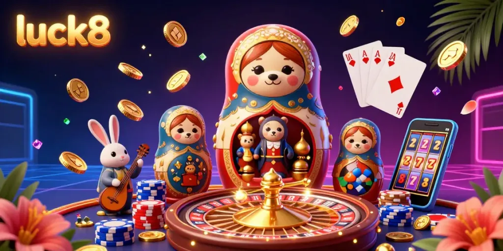 Engage with luck8's vibrant 3D casino world filled with playful dealer bears and dynamic game elements.