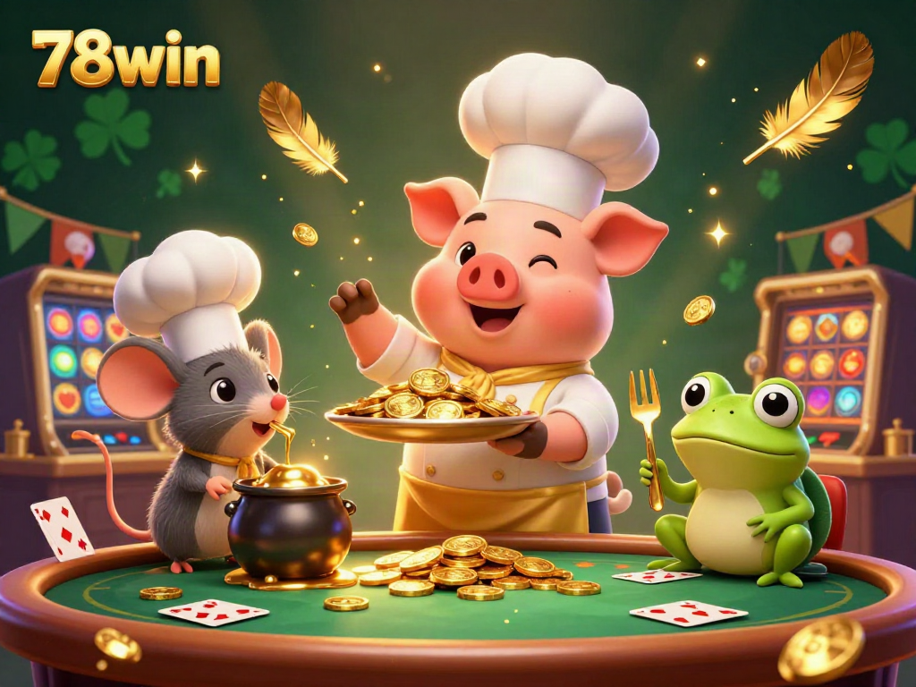 Engage with the captivating 78win casino scene featuring a chef pig serving gold coins, a mouse tasting molten gold, and a frog critiquing, all amidst vibrant gambling elements.
