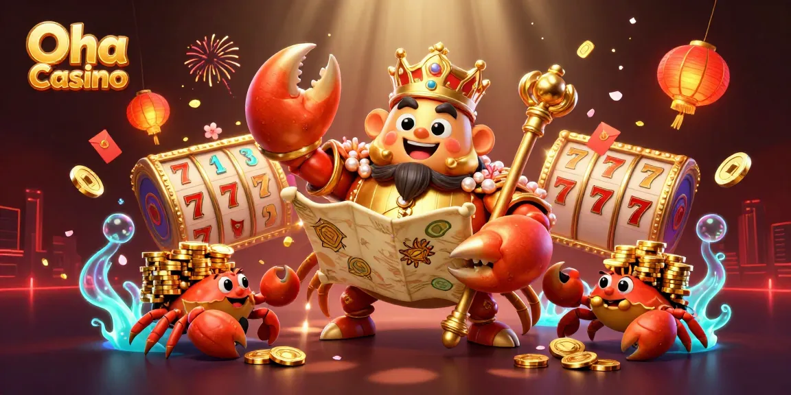 Speel met plezier bij Oha Casino, terwijl gouden krabben en gelukkige symbolen de rijke speelervaring benadrukken.