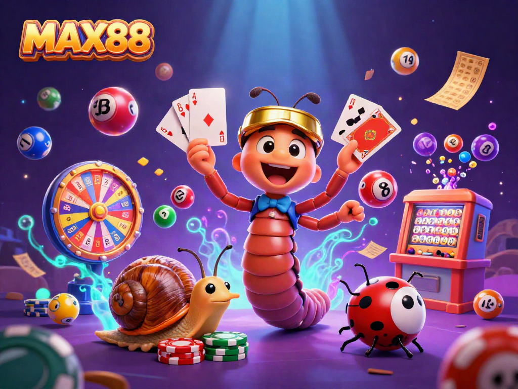 Engage with MAX88 and experience excitement with a vibrant casino scene featuring a dealer, high-roller, and game elements.