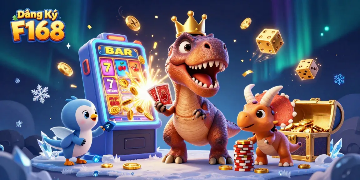 Experience the thrill of Đăng Ký F168 with a friendly T-Rex and exciting casino elements exploding around!