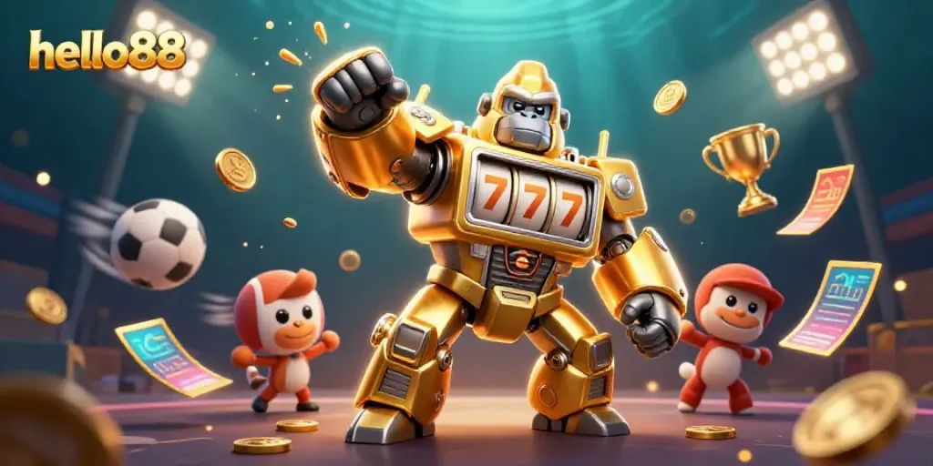 Experience the vibrant world of hello88 with dynamic gambling elements and a golden gorilla mech.