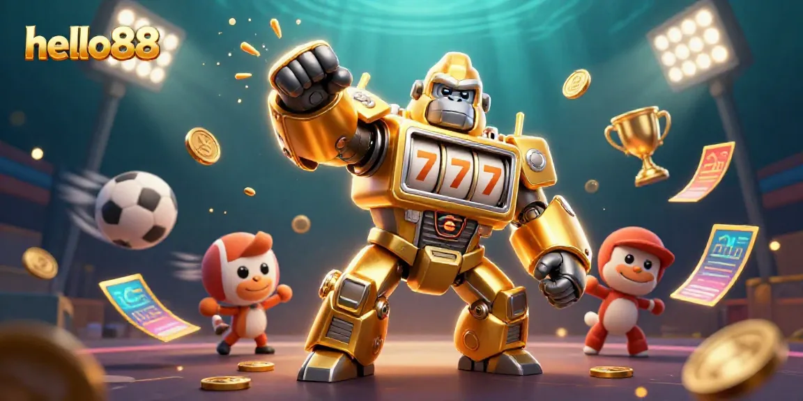 Experience the vibrant world of hello88 with dynamic gambling elements and a golden gorilla mech.