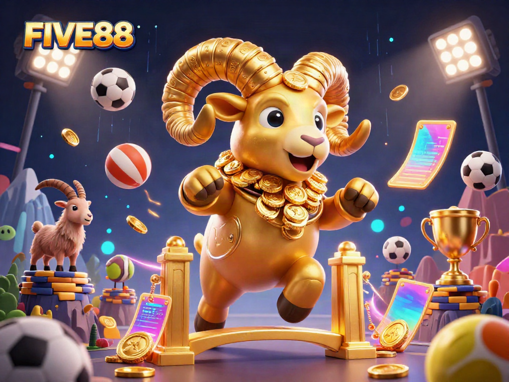 Engage with FIVE88's vibrant gaming world featuring a charging ram, sports elements, and rich casino detail.