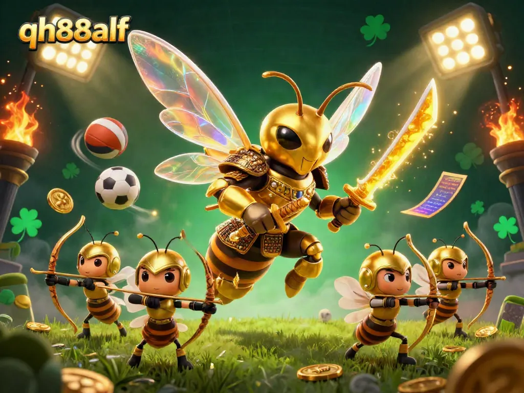 Experience thrilling sports betting with qh88alf's dynamic 3D illustration of a golden hornet samurai and archers.