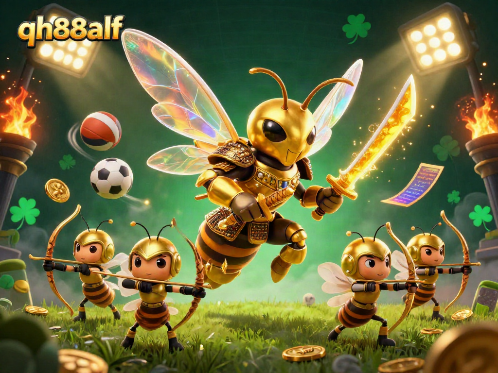 Experience thrilling sports betting with qh88alf's dynamic 3D illustration of a golden hornet samurai and archers.