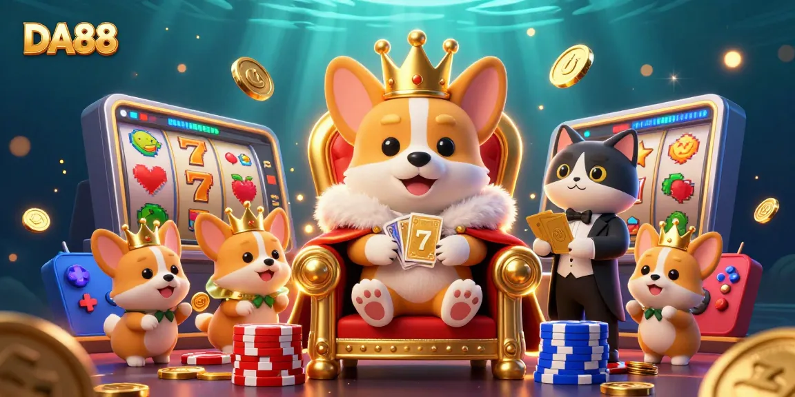 Engage with DA88's vibrant casino scene featuring royal corgis, slot reels, and golden card decks.