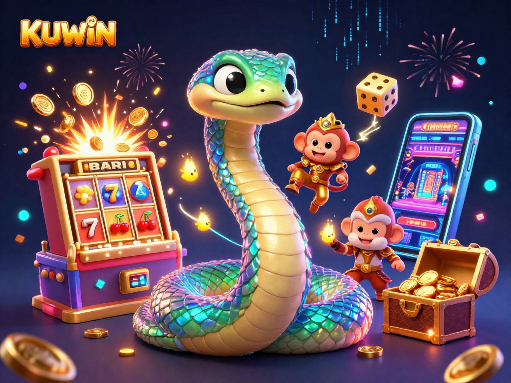 Engage with KUWIN's dynamic gaming experience via an iridescent serpent and jackpot thrill!