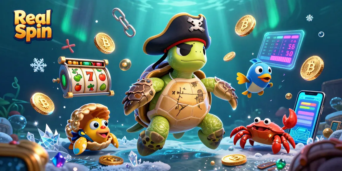 Spin and win at Real Spin Casino with an adventurous pirate turtle and treasure!