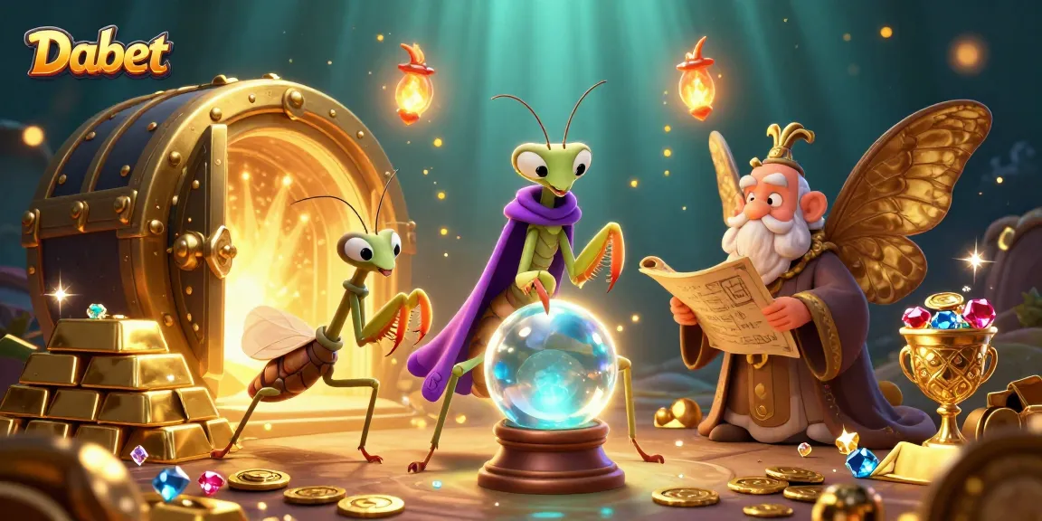 Dabet slot players discover riches in a vibrant 3D illustration with fortune teller and treasures.