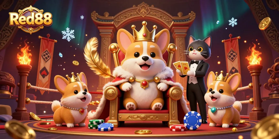 Experience Red88 with a royal corgi king and a thrilling casino atmosphere filled with action and excitement.