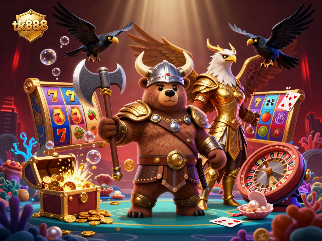 Experience thrilling gameplay with tk888's dynamic 3D scene featuring Viking berserker and golden Valkyrie alongside vibrant casino elements.