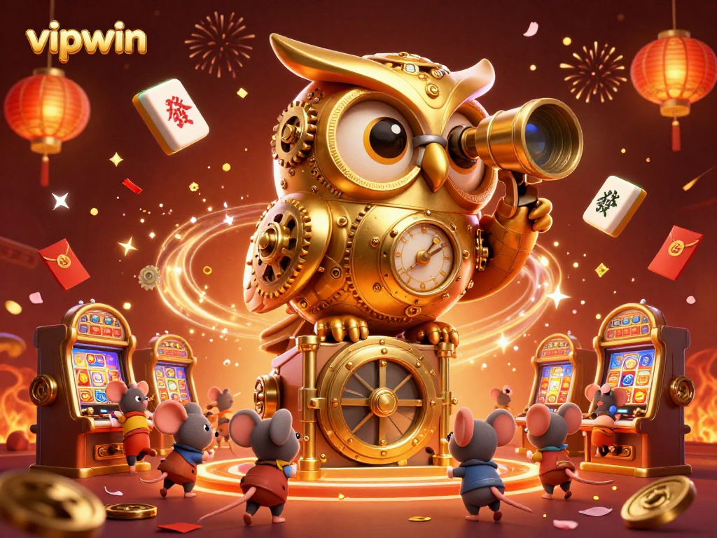 Experience the excitement of vipwin casino as a golden owl oversees a bustling slot floor.
