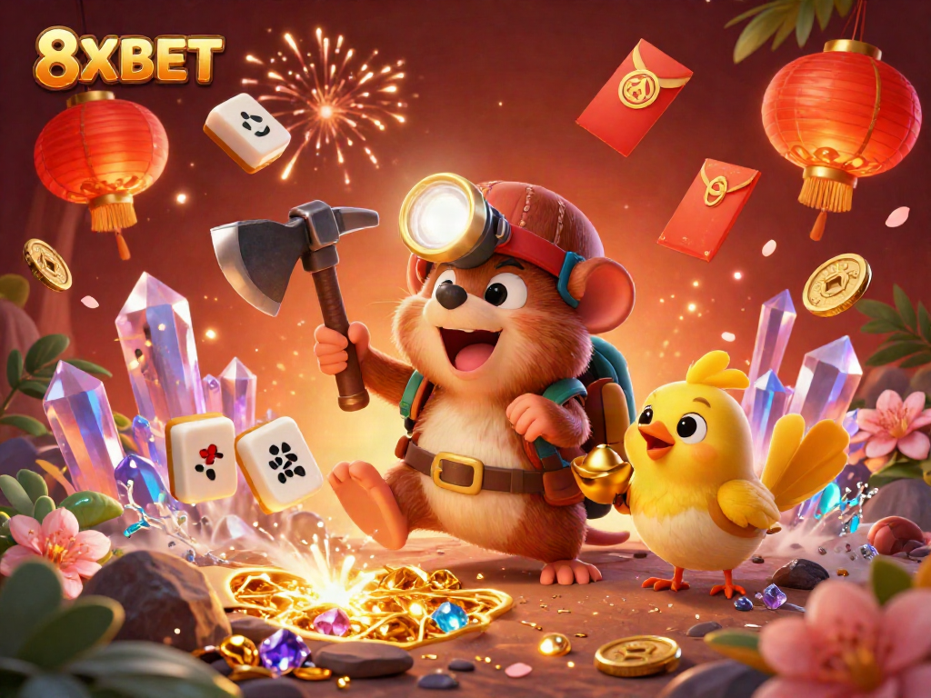 Experience the colorful excitement of 8XBET with a playful treasure hunter mole amidst rich casino elements.