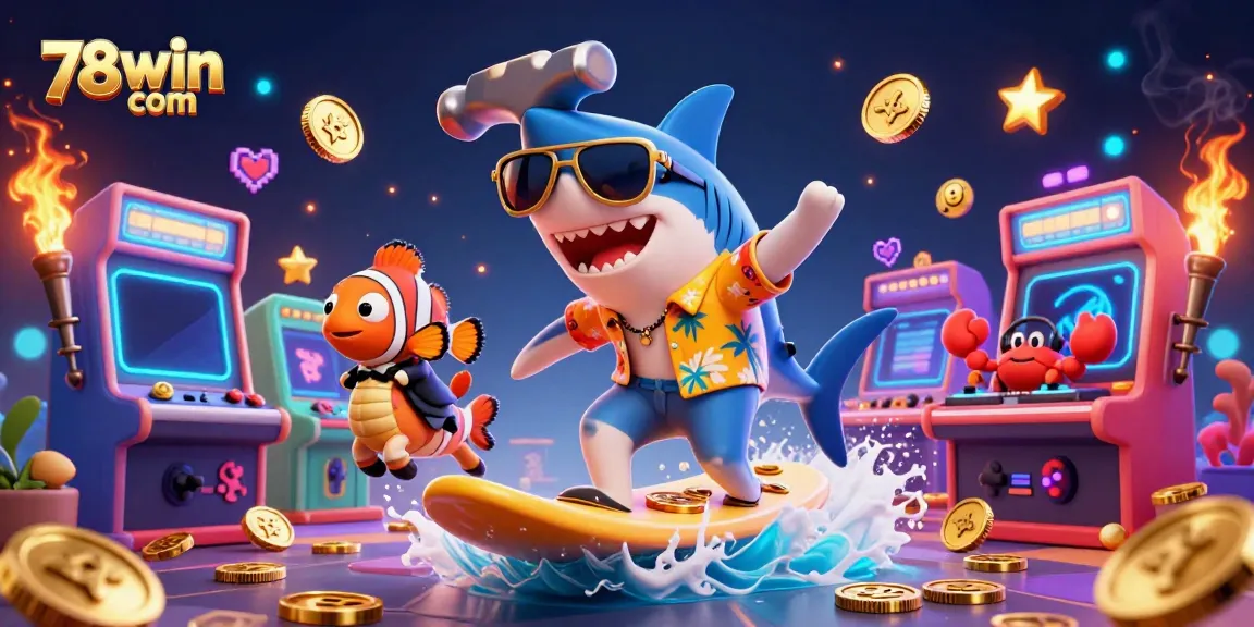 Catch thrilling wins at 78win com with a vibrant scene featuring a hammer-head shark surfing on gold coins, embodying the excitement of the casino world.