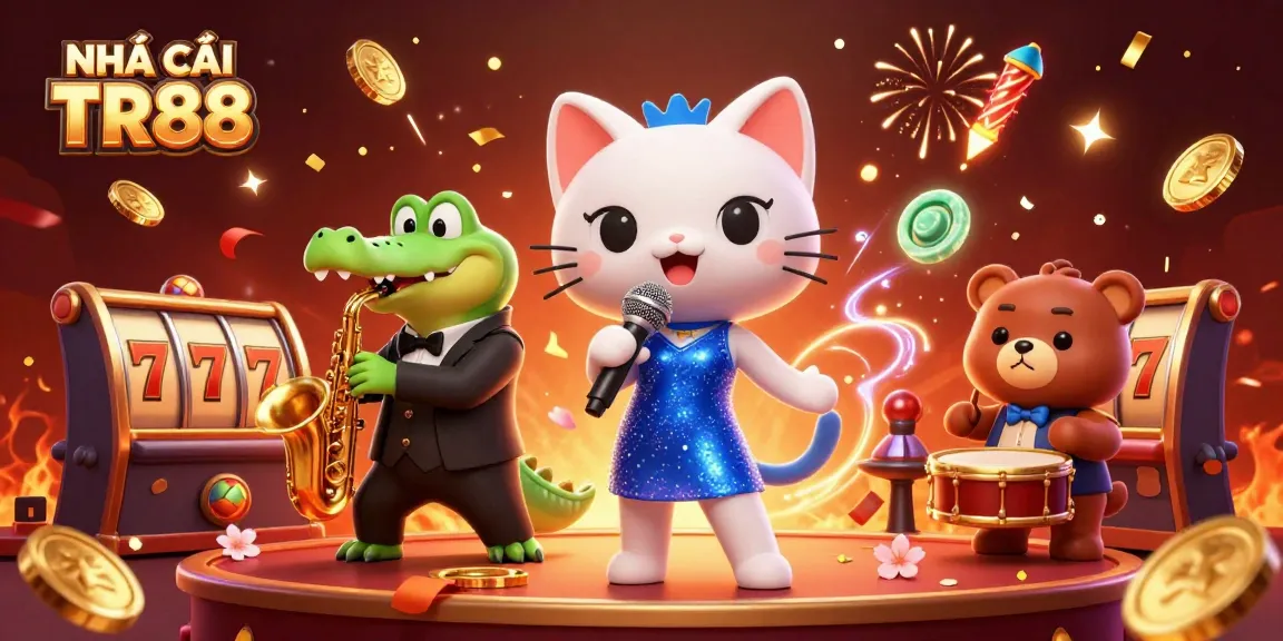 Experience the vibrant excitement of NHÀ CÁI TR88 with lively cartoon characters amidst thrilling casino elements.