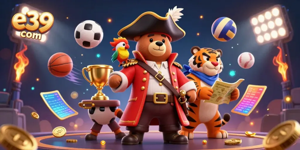 Bet on e39 com with a dynamic casino scene, featuring a pirate bear, tiger, and sports elements.
