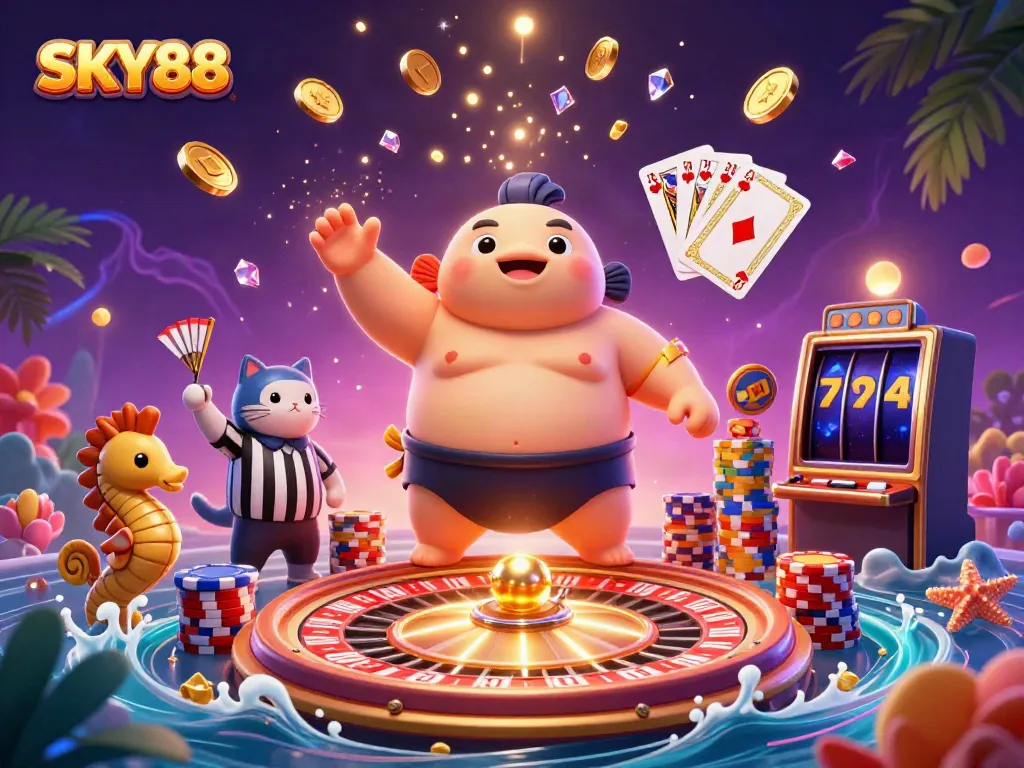 Join the fun at SKY88 with a lively underwater casino scene featuring a fugu in a sumo belt and vibrant gaming elements.