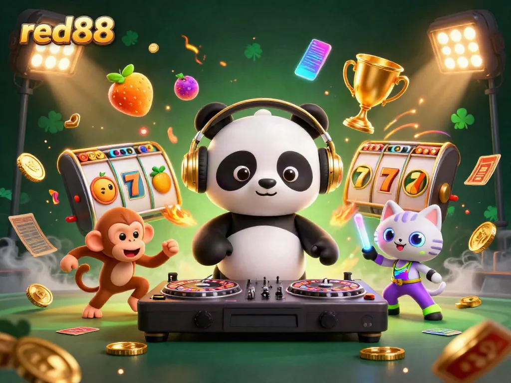 Experience the excitement of red88 with a DJ panda, breakdancing monkey, and rave kitten amidst vibrant casino elements.