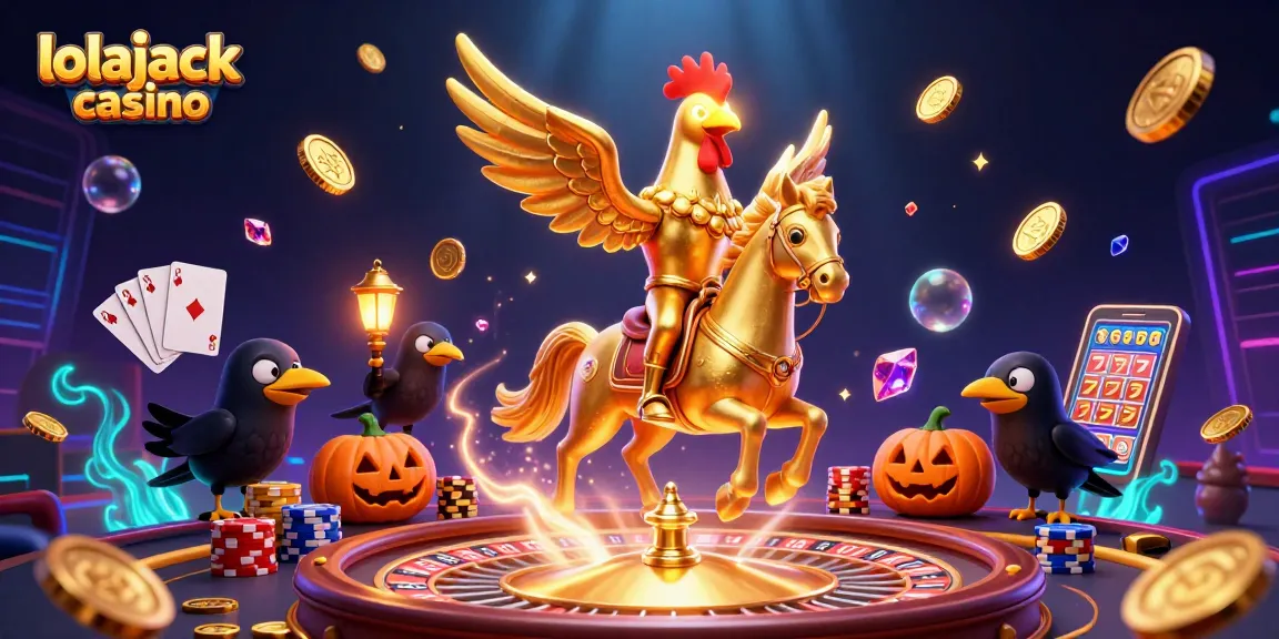 Experience excitement at lolajack casino with a golden rooster and crow companions surrounded by vibrant game elements.