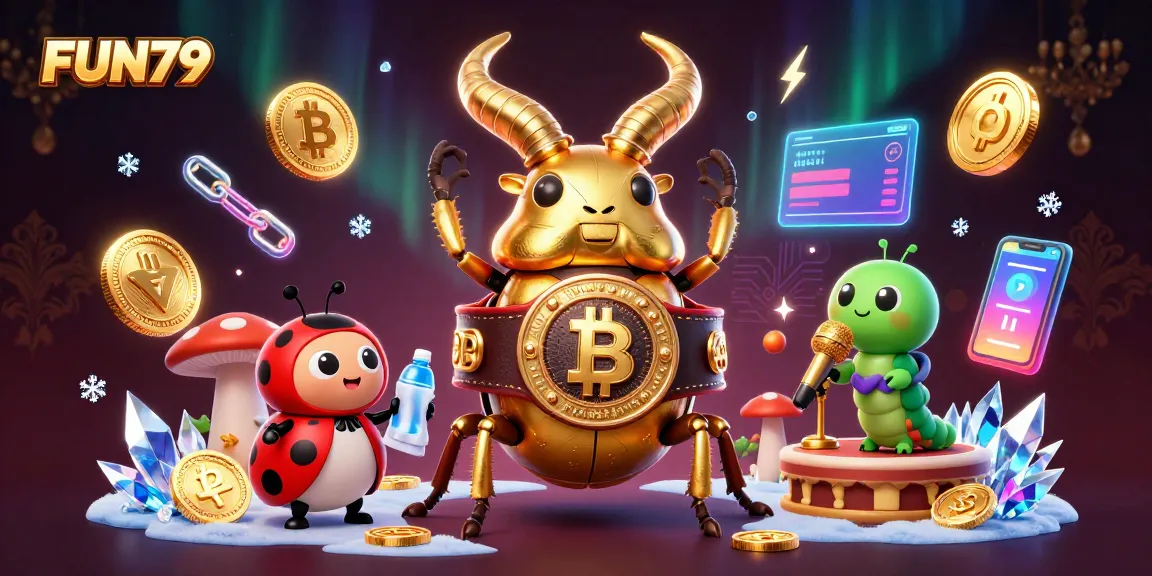 Experience the excitement at FUN79 with this dynamic 3D illustration of a battle-ready beetle and casino elements.