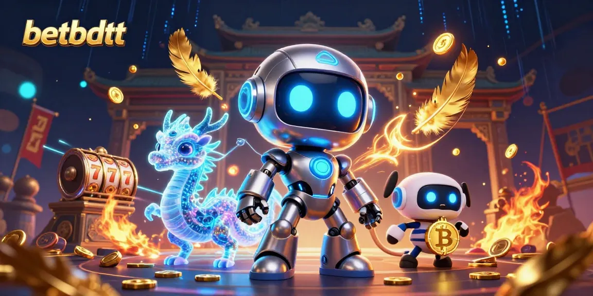 betbdtt showcases an immersive 3D casino world with a cyberpunk robot and dragon companions.