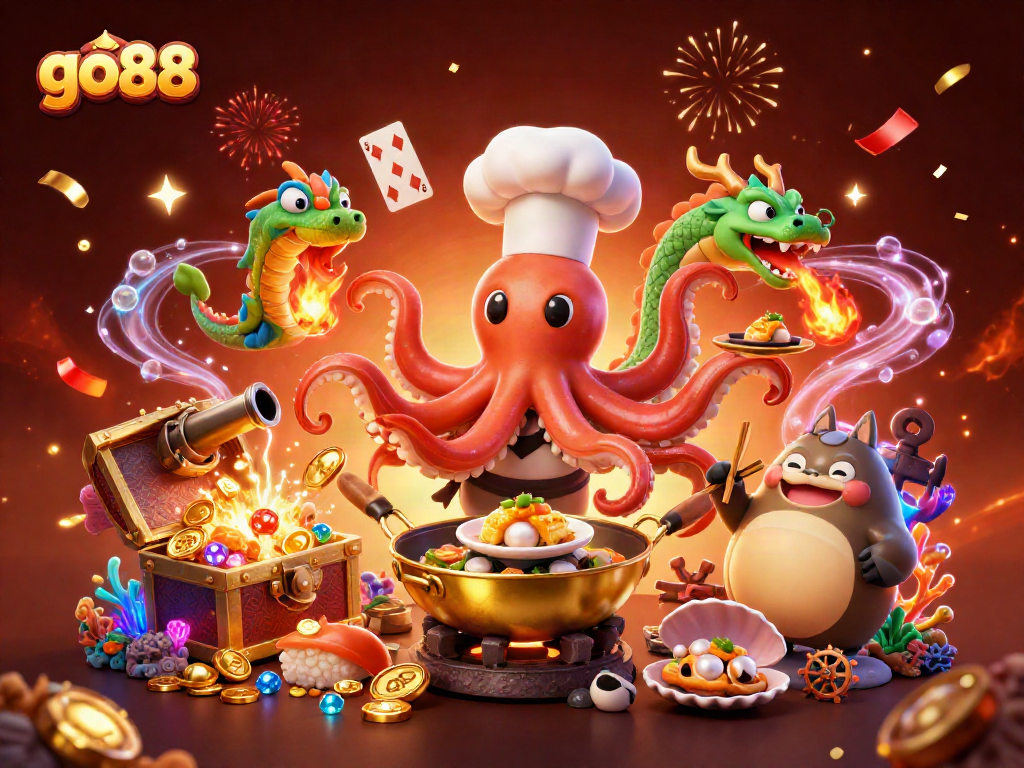 GO88 mang đến trải nghiệm độc đáo với hình ảnh bếp trưởng sushi bạch tuộc và những món ăn hấp dẫn.