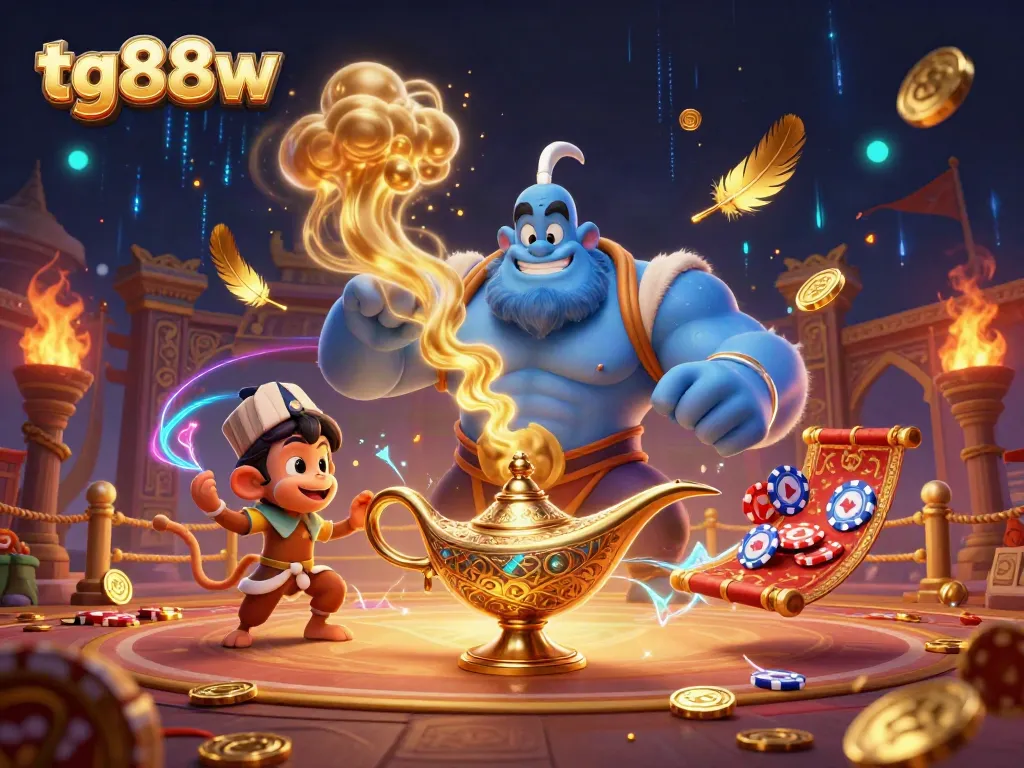 Experience exciting wins with tg88w's vibrant casino games featuring a magical genie, poker chips, and gold coins.