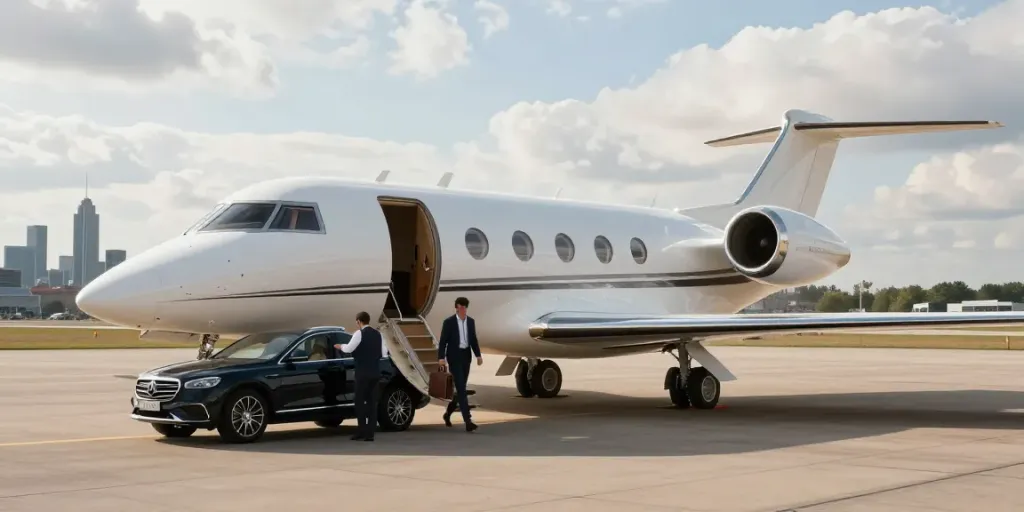 Private jet rental Amsterdam showcasing luxury travel with a stylish traveler and urban skyline.
