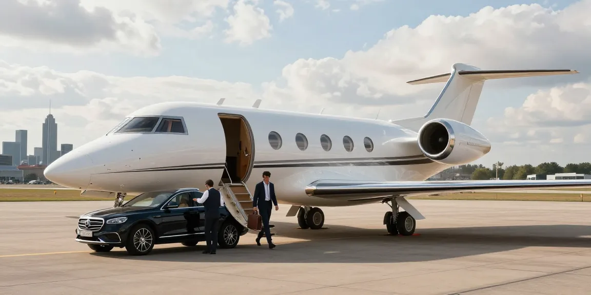 Private jet rental Amsterdam showcasing luxury travel with a stylish traveler and urban skyline.