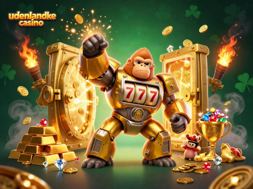 Engage with the dynamic udenlandske casino scene featuring a golden gorilla mech and treasures.