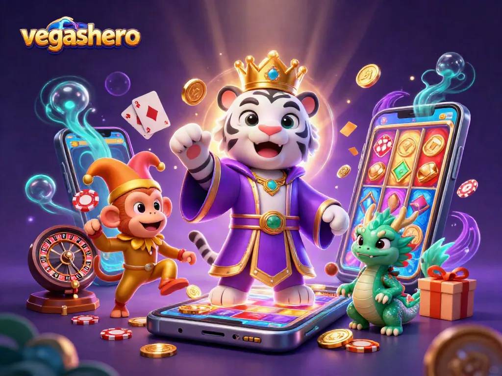 Experience exciting gameplay at vegashero, where a whimsical tiger and monkey celebrate with poker chips and games.