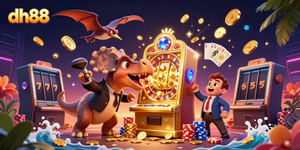 dh88 slot machine jackpot scene featuring a dinosaur and casino elements in vibrant action