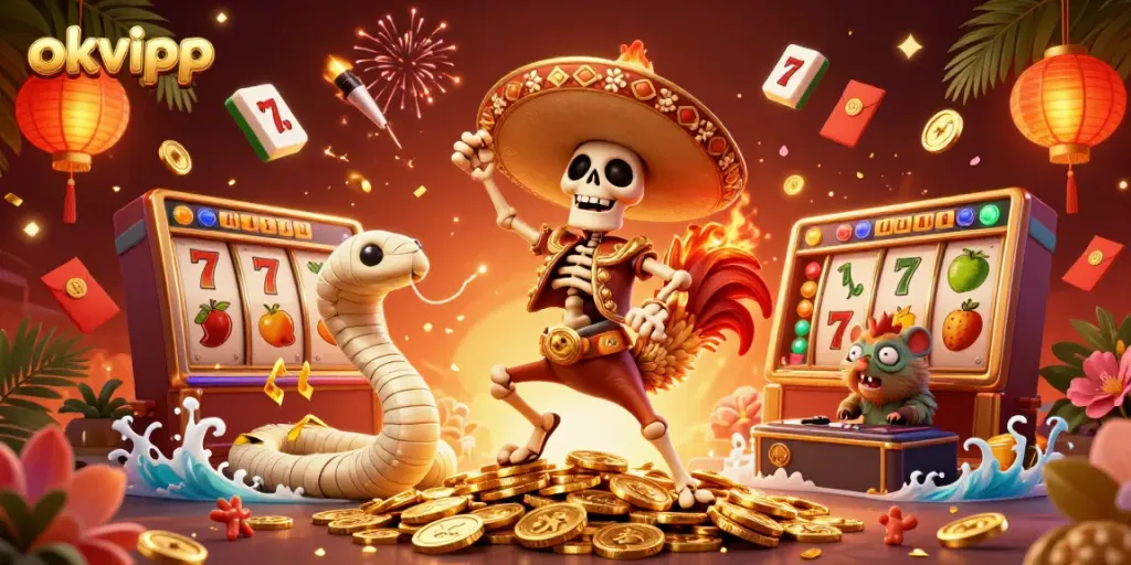 Engaging okvipp casino scene showcasing a vibrant celebration with characters dancing on gold coins.