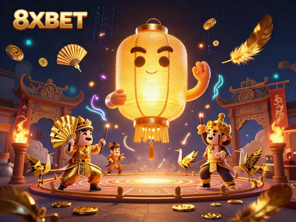 8XBET's vibrant fantasy casino scene featuring a glowing lantern spirit and dynamic gaming elements.