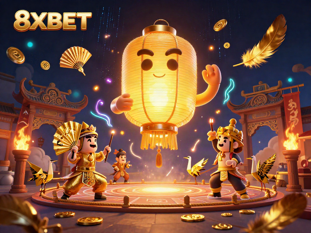 8XBET's vibrant fantasy casino scene featuring a glowing lantern spirit and dynamic gaming elements.