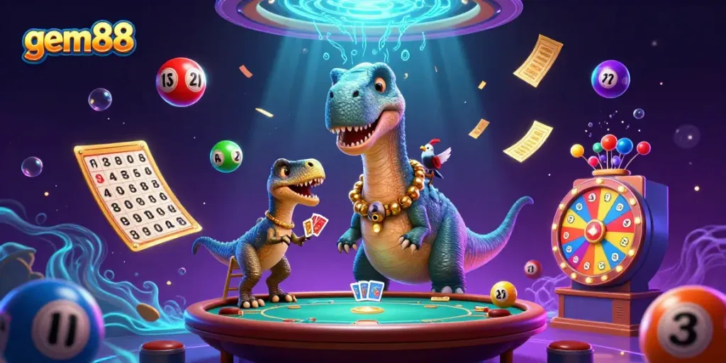 Experience gem88's vibrant casino atmosphere with lively characters and colorful game elements.