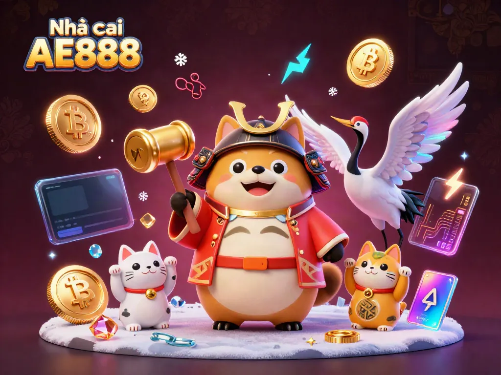 Experience fortune at Nhà cái AE888 with cheerful tanuki and samurai crane in a vibrant casino scene.