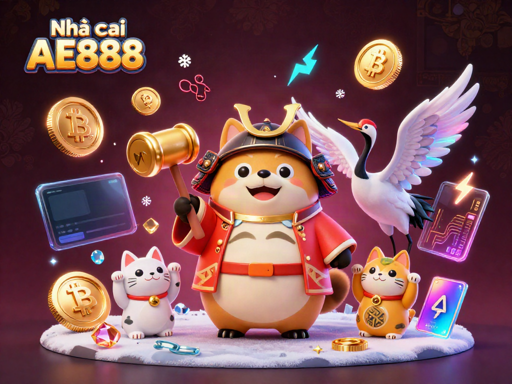 Experience fortune at Nhà cái AE888 with cheerful tanuki and samurai crane in a vibrant casino scene.