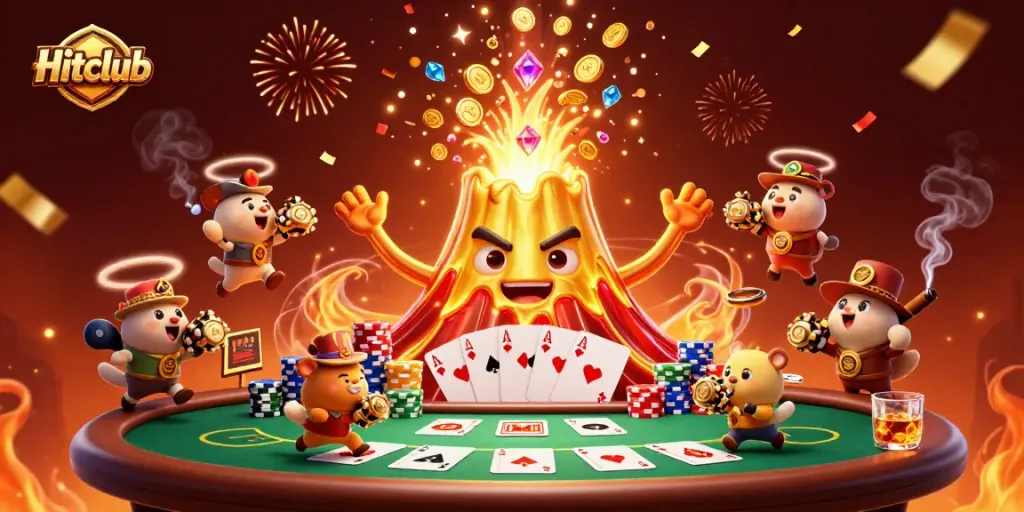 Hitclub engages players with a vibrant casino scene showcasing animated characters and gambling elements.