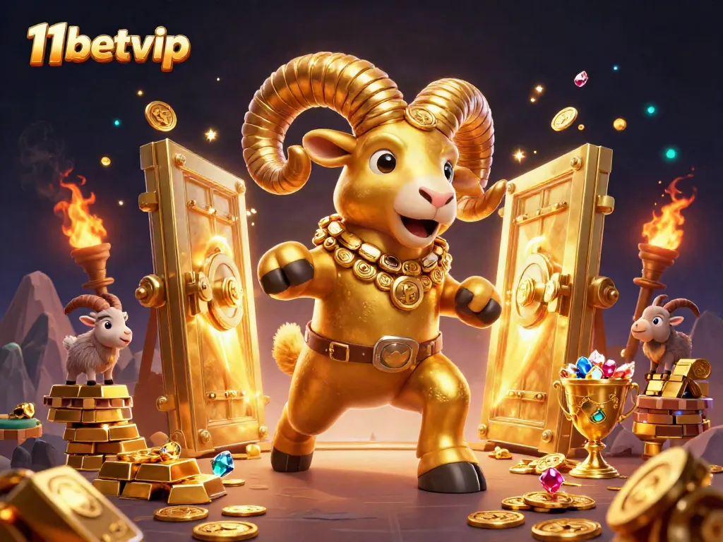 Experience thrilling action with 11betvip's vibrant casino scene featuring golden treasures and a charging ram.